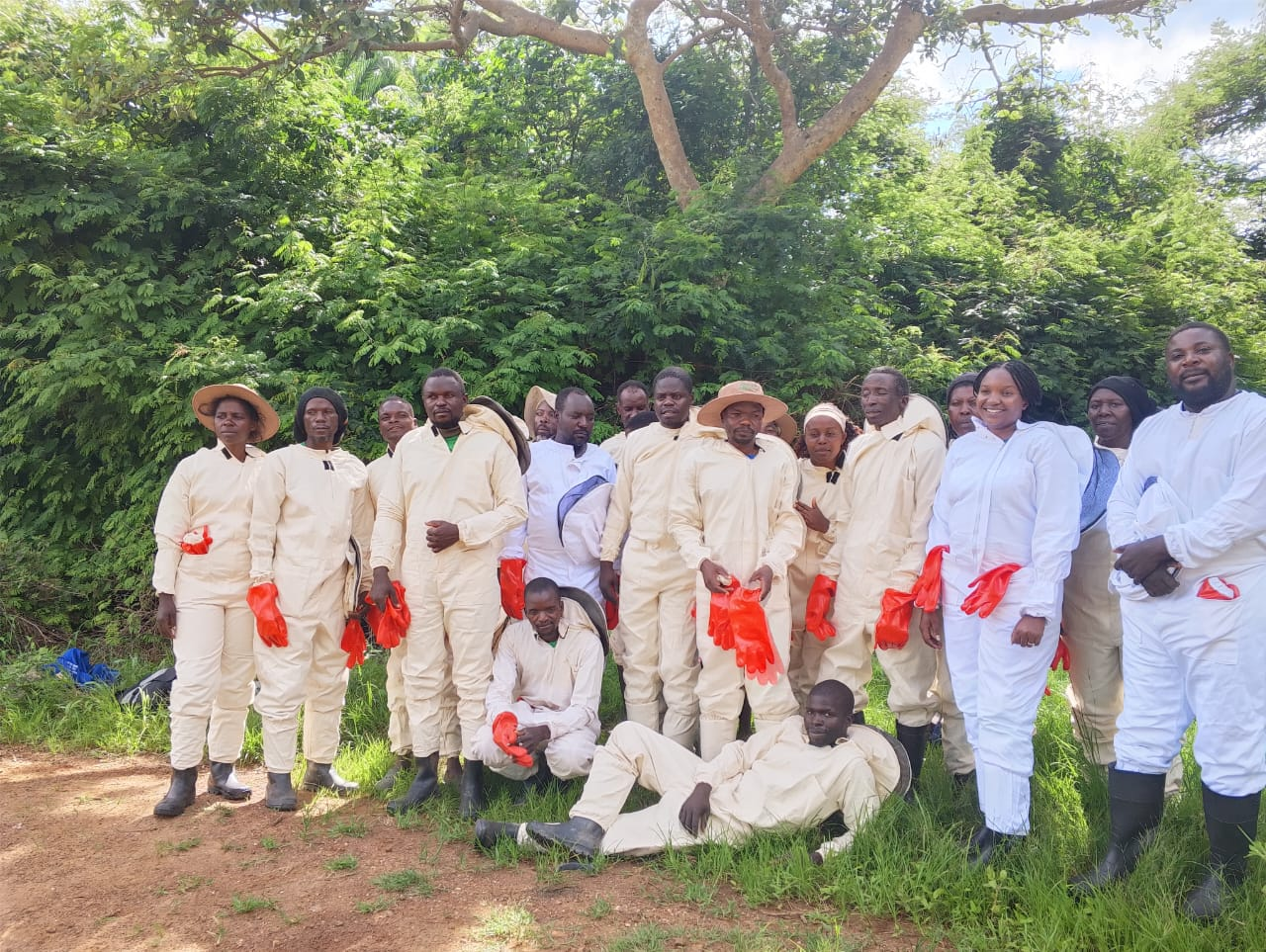 Ditchwe beekeeping training participants wearing protective suits, gloves and boots